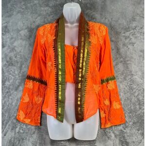 Paul Ropp Embellished Jacket  Medium Orange Organza Cotton Boho Ethnic Chic